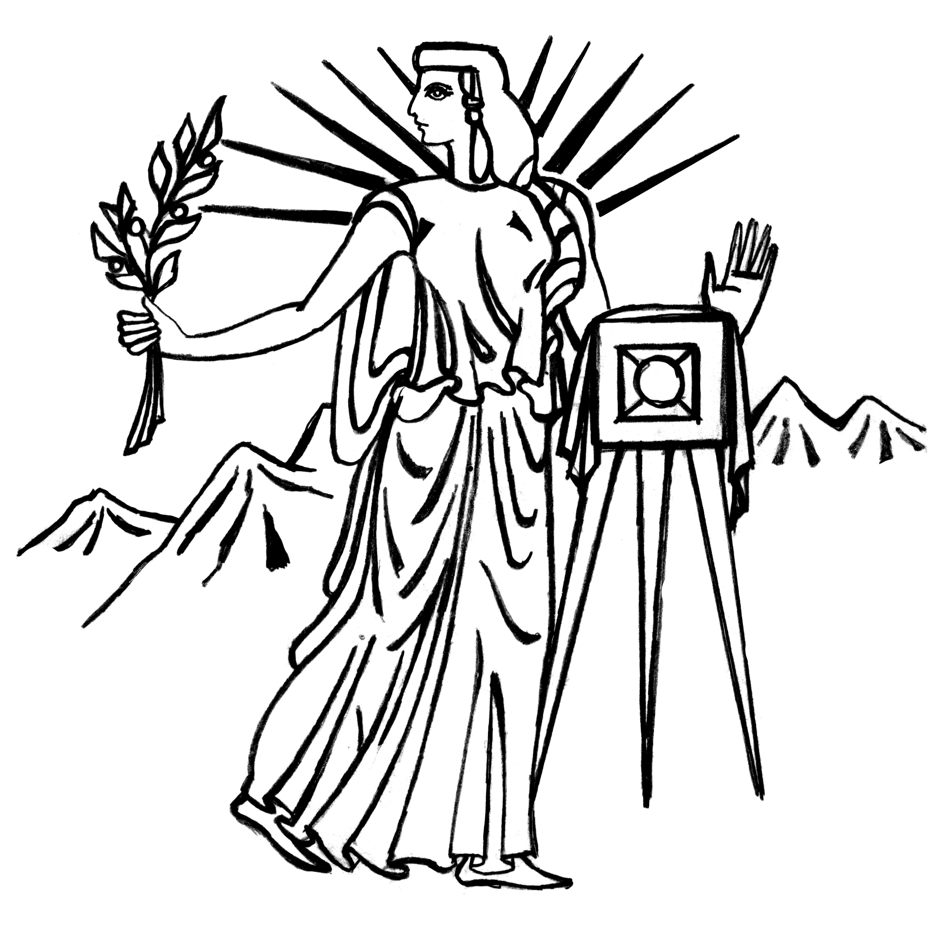 Black-and-white institutional emblem depicting an allegorical female figure beside an early photographic camera with mountains and radiant light, inspired by historical Tiflis photographic culture.